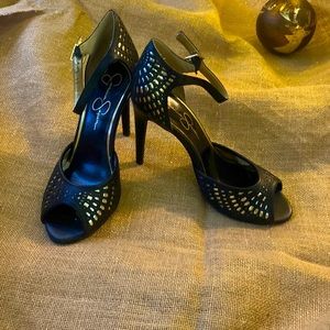 Jessica Simpson black and gold stilettos